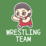 黒板風背景に女子レスリング選手のイラスト「WRESTLINGTEAM」のロゴあり