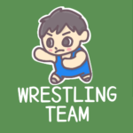 黒板風背景に男子レスリング選手のイラスト「WRESTLINGTEAM」のロゴあり