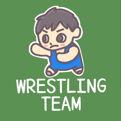黒板風背景に男子レスリング選手のイラスト「WRESTLINGTEAM」のロゴあり