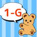 青いストライプ背景にかわいいクマのぬいぐるみのイラスト「1-G」のロゴあり