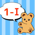 青いストライプ背景にかわいいクマのぬいぐるみのイラスト「1-I」のロゴあり
