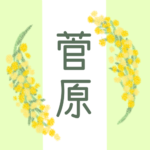 白と黄緑の背景に爽やかでかわいいミモザの花束があるイラスト「菅原」のロゴあり