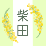 白と黄緑の背景に爽やかでかわいいミモザの花束があるイラスト「柴田」のロゴあり