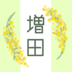 白と黄緑の背景に爽やかでかわいいミモザの花束があるイラスト「増田」のロゴあり