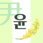 白と黄緑の背景に爽やかでかわいいミモザの花束があるイラスト「尹」の韓国語ロゴあり