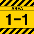 黄色と黒の警戒標識のようなイラスト「1-1」のロゴあり